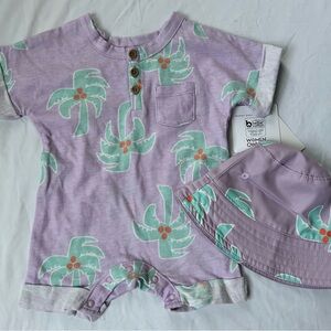 Lilac Palm-Print Baby One-Piece with Matching Hat by